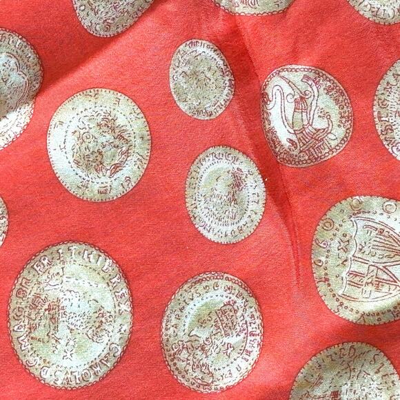 Elaine Gold designer silk scarf 1980’s orange gold coins medallions 29” square - Picture 6 of 9